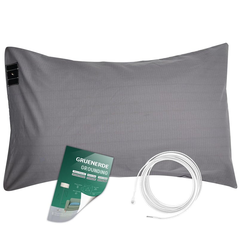 GRUENERDE Grounding Pillowcase King with 15ft Grounding Cord Conductive Grounding Pillowcase 20x36in Silver Fiber Improve Sleep Reduce Stress Anxiety Relief Gray 1pc - Image 1